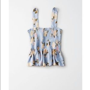 New AE Smocked Blue Floral Tank Top